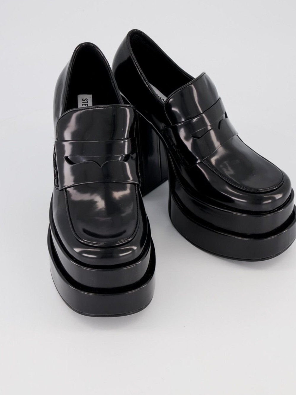 Steve Madden black faux patent leather chunky loafer platform heels size 7 new